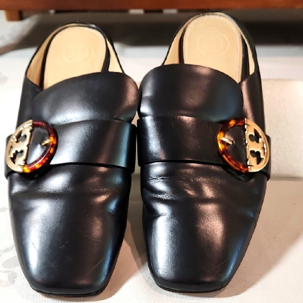 Tory Burch Black Leather Mules with Square Toe